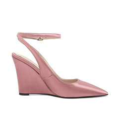 Light Pink Satin Pointed-Toe Buckle Women Wedge Sandals