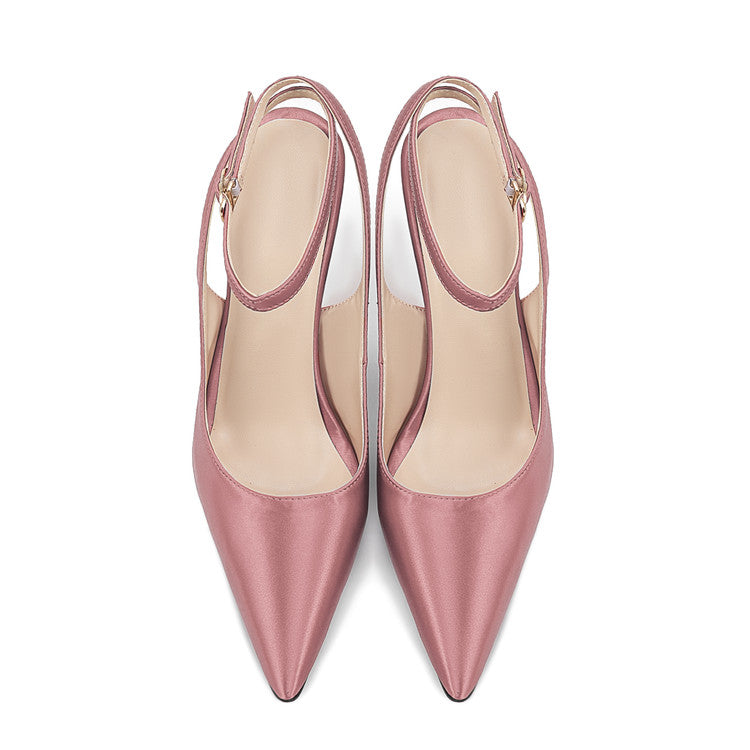 Light Pink Satin Pointed-Toe Buckle Women Wedge Sandals