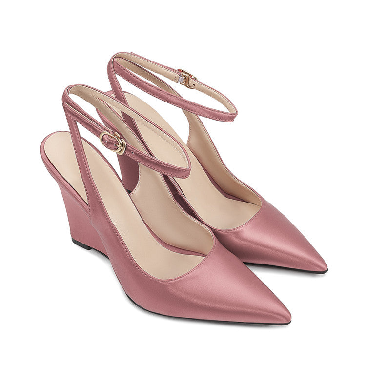 Light Pink Satin Pointed-Toe Buckle Women Wedge Sandals