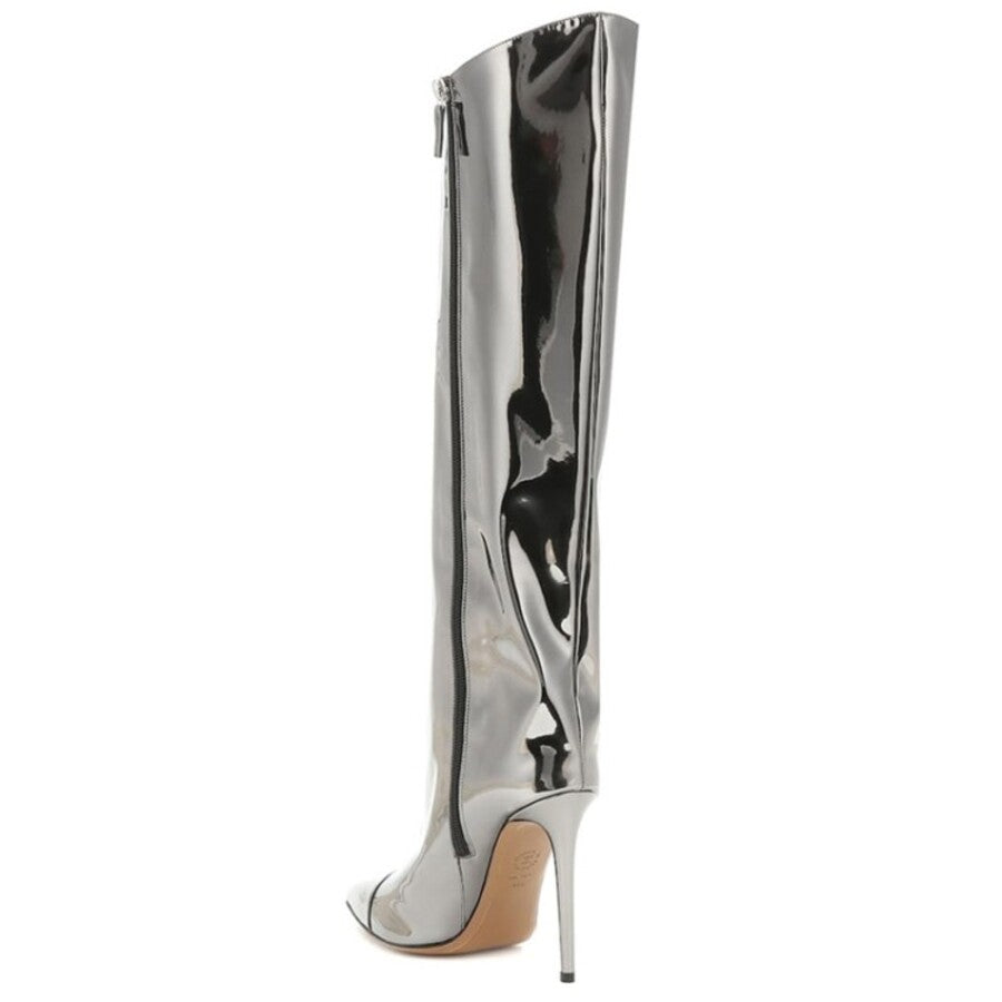 Kniehohe Stiefel aus verspiegeltem Lackleder mit spitzer Zehenpartie und Stilettoabsatz