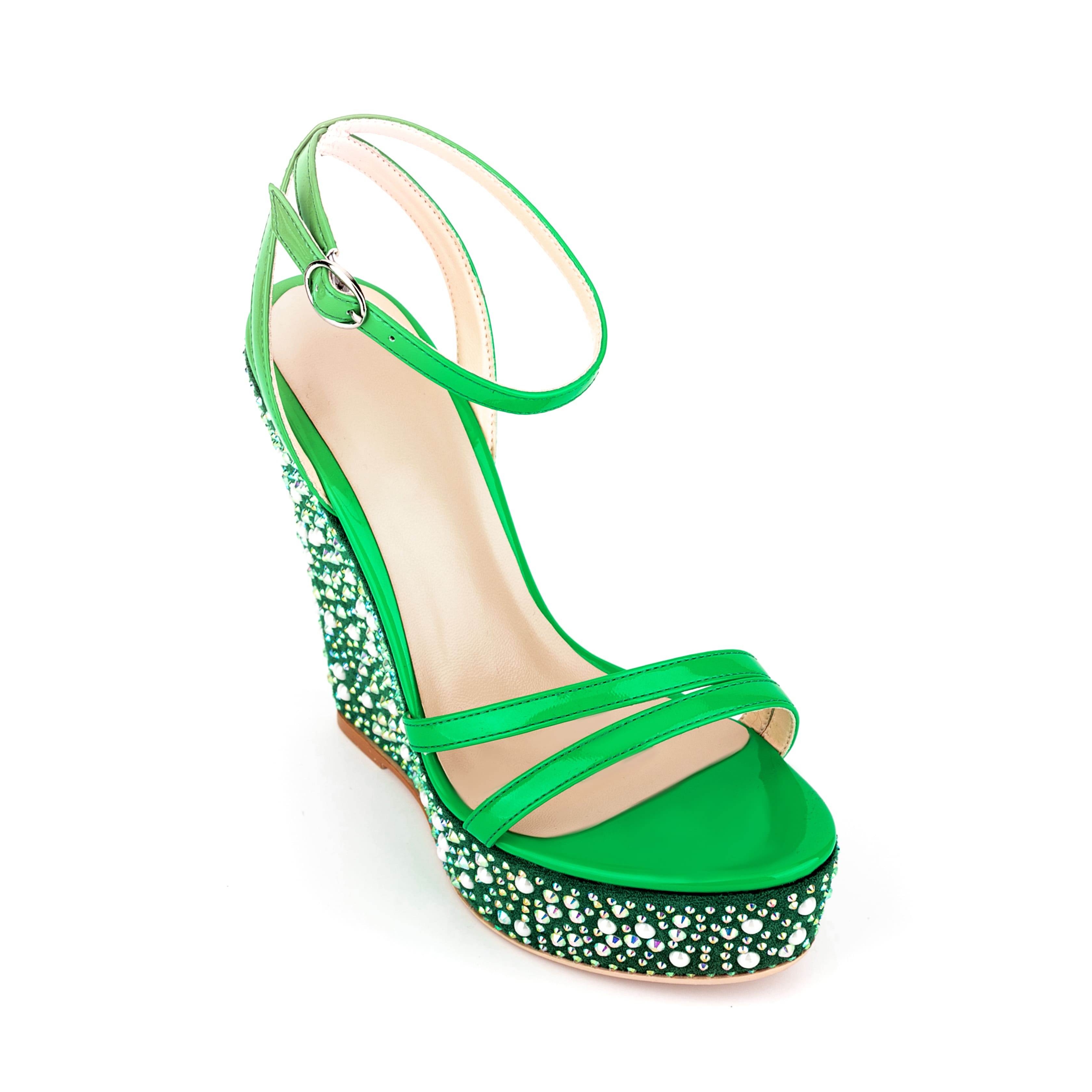 Open Toe Platform Sandals Ankle Strap Rhinestone Wedge Heels 12