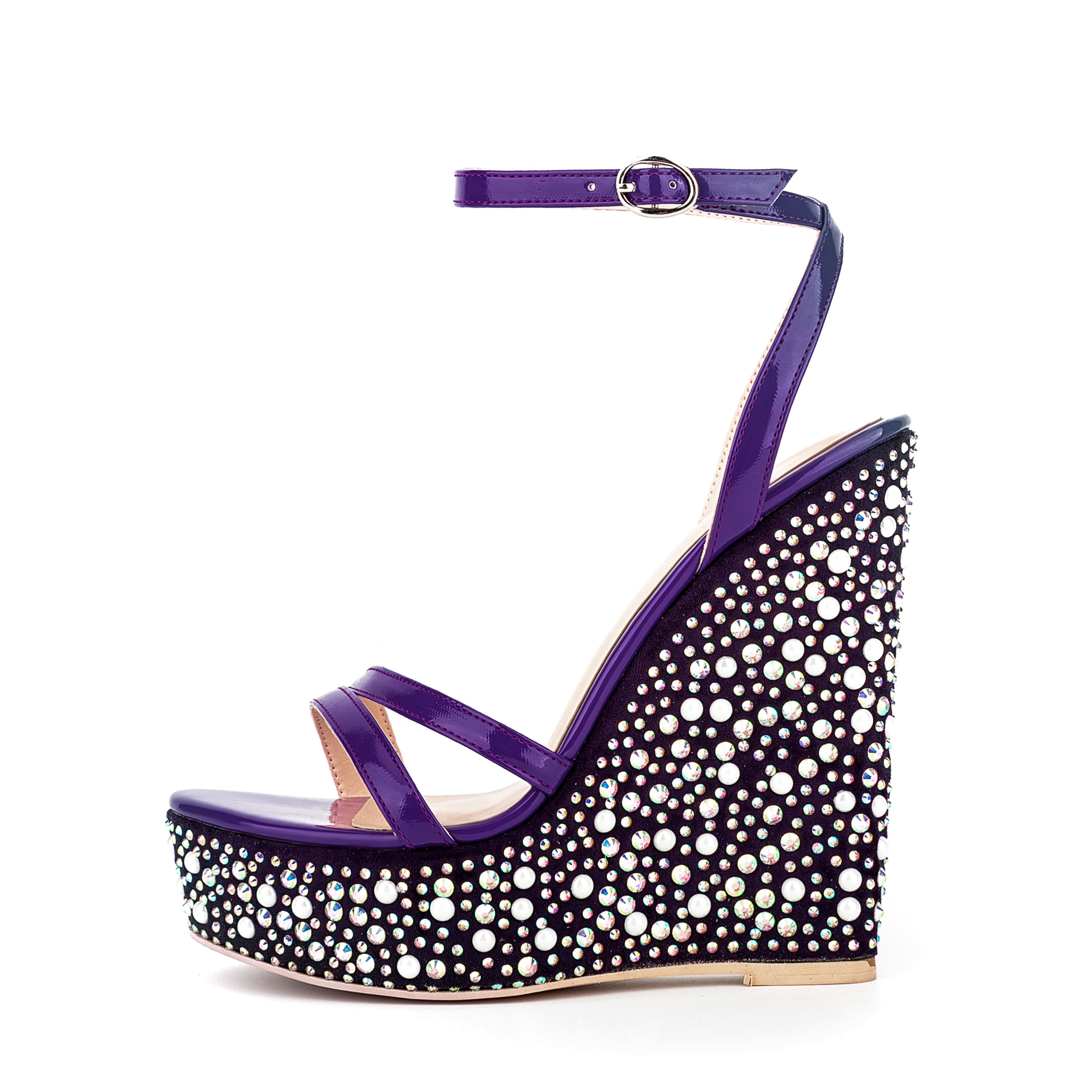Open Toe Platform Sandals Ankle Strap Rhinestone Wedge Heels 15