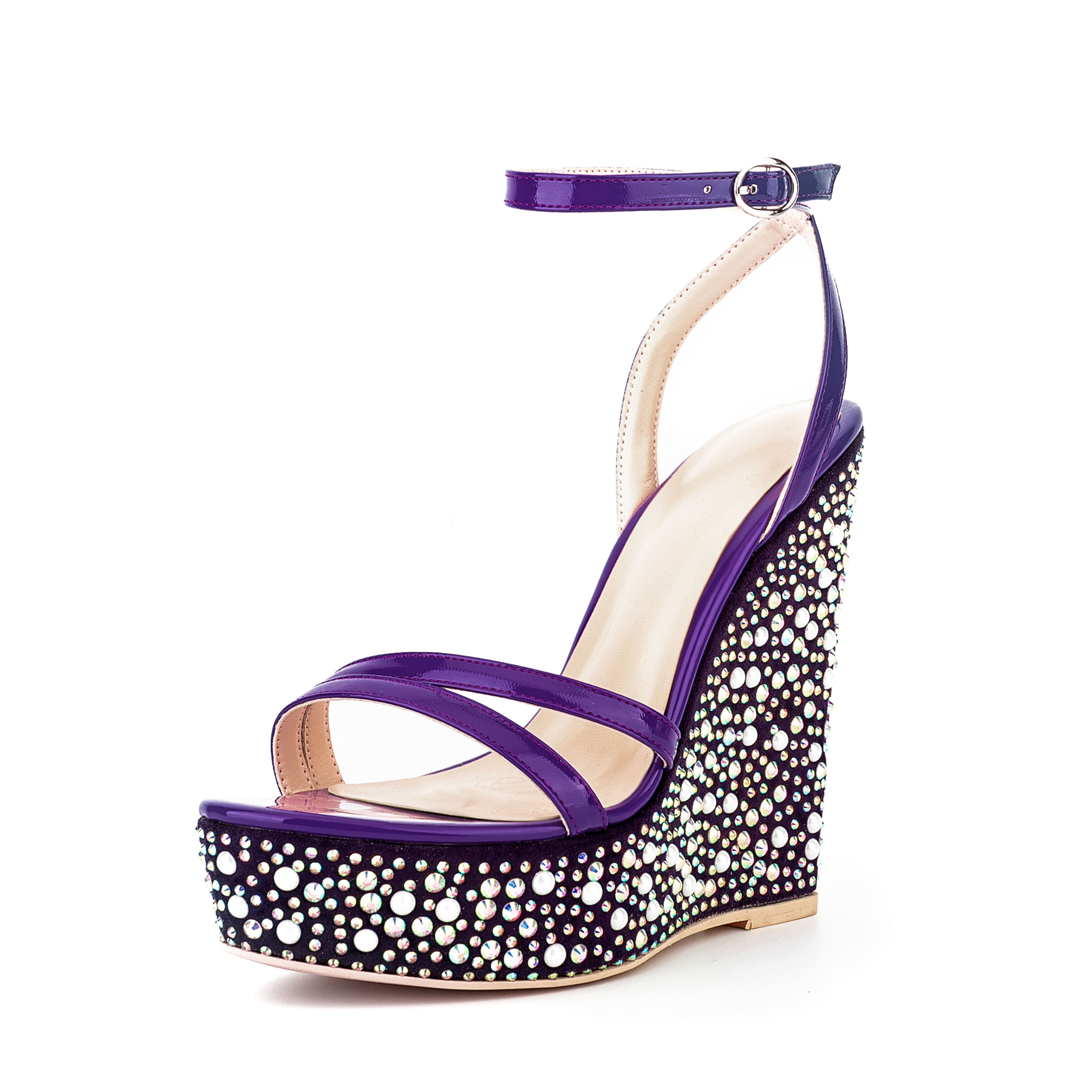 Open Toe Platform Sandals Ankle Strap Rhinestone Wedge Heels 16
