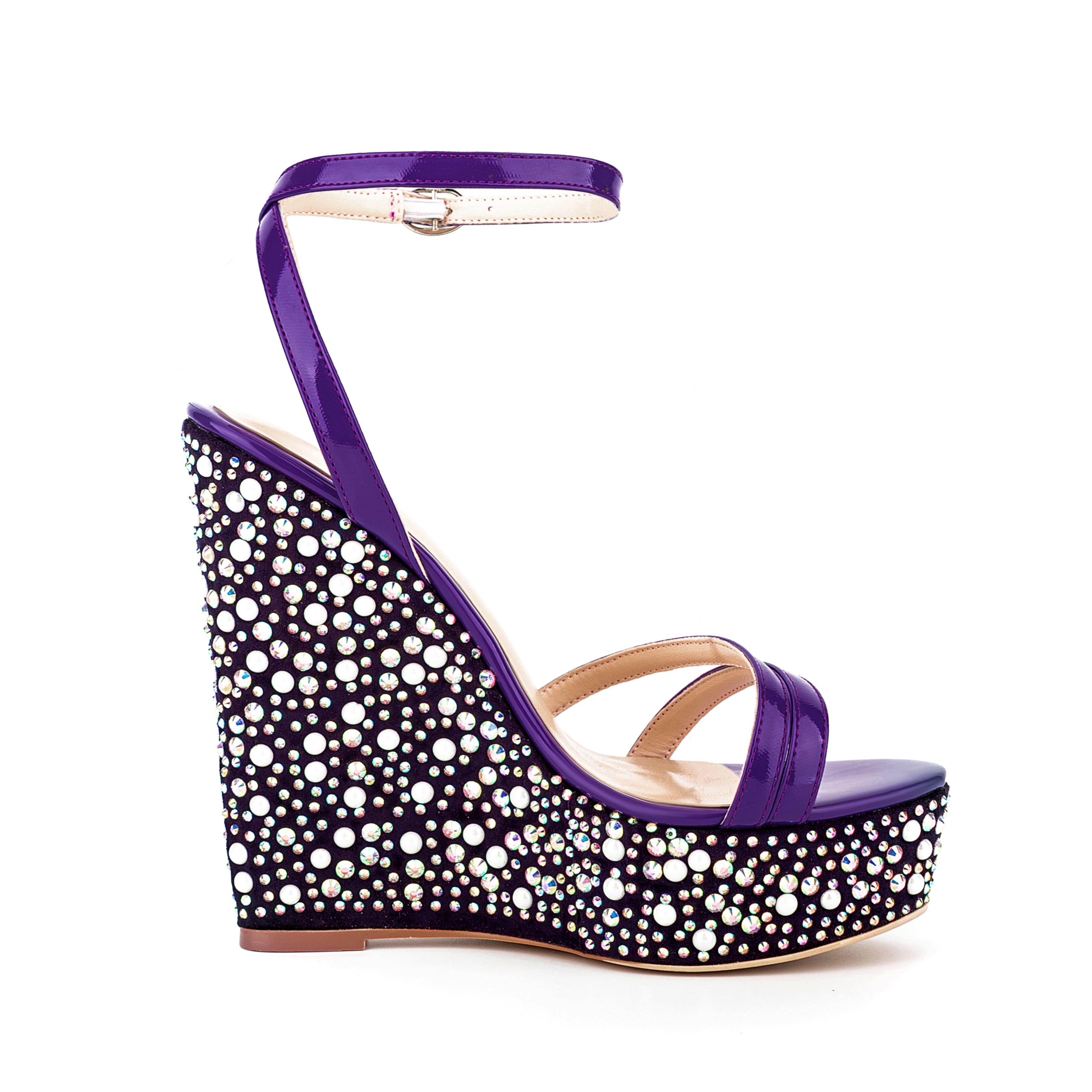 Open Toe Platform Sandals Ankle Strap Rhinestone Wedge Heels 18