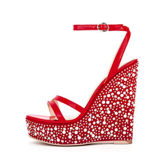 Open Toe Platform Sandals Ankle Strap Rhinestone Wedge Heels 1