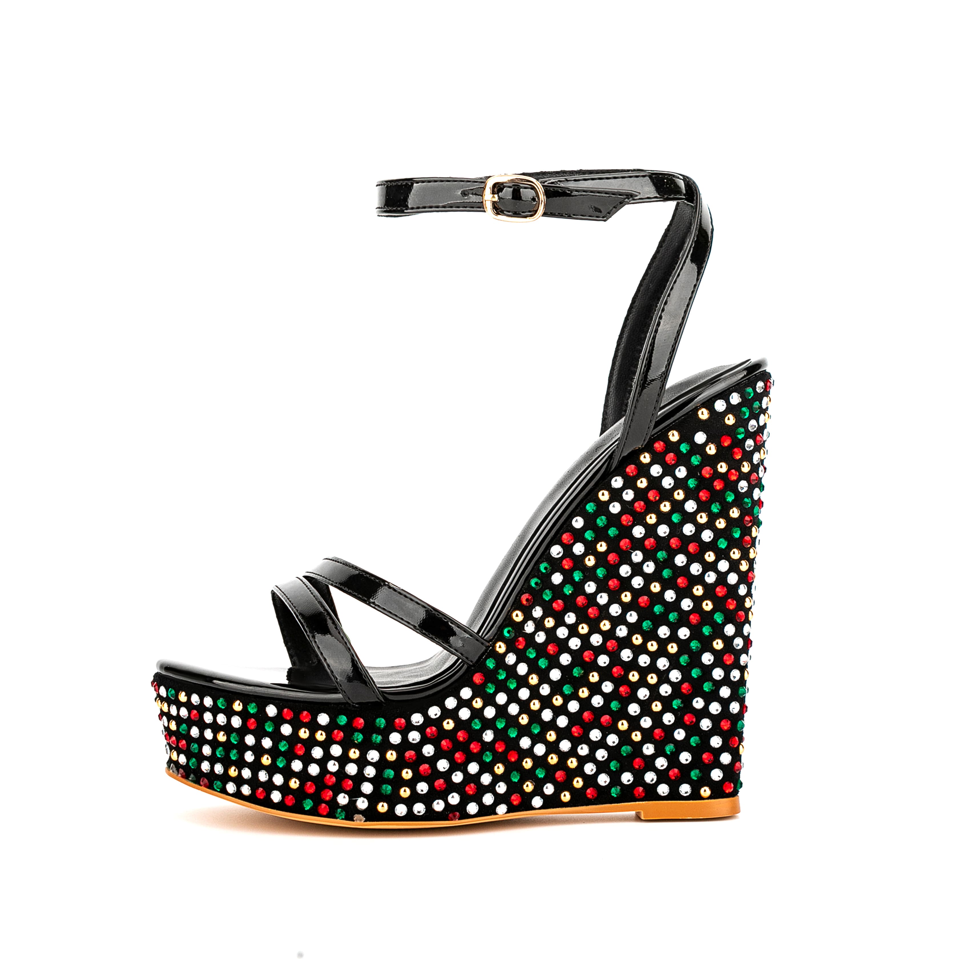 Open Toe Platform Sandals Ankle Strap Rhinestone Wedge Heels 22