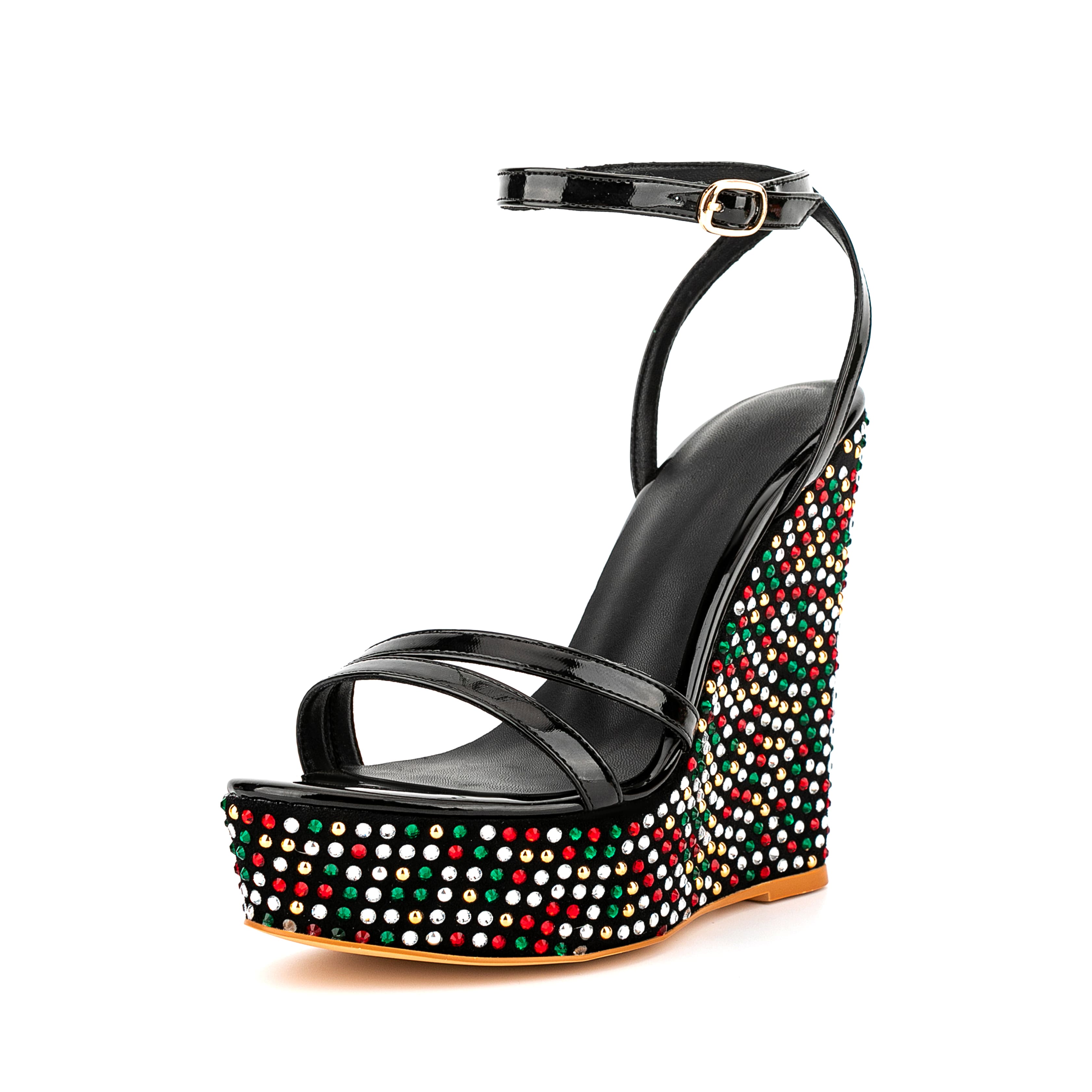 Open Toe Platform Sandals Ankle Strap Rhinestone Wedge Heels 23