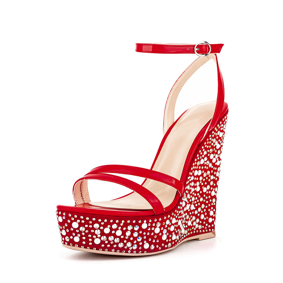 Open Toe Platform Sandals Ankle Strap Rhinestone Wedge Heels 2