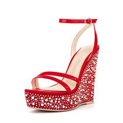 Open Toe Platform Sandals Ankle Strap Rhinestone Wedge Heels 2