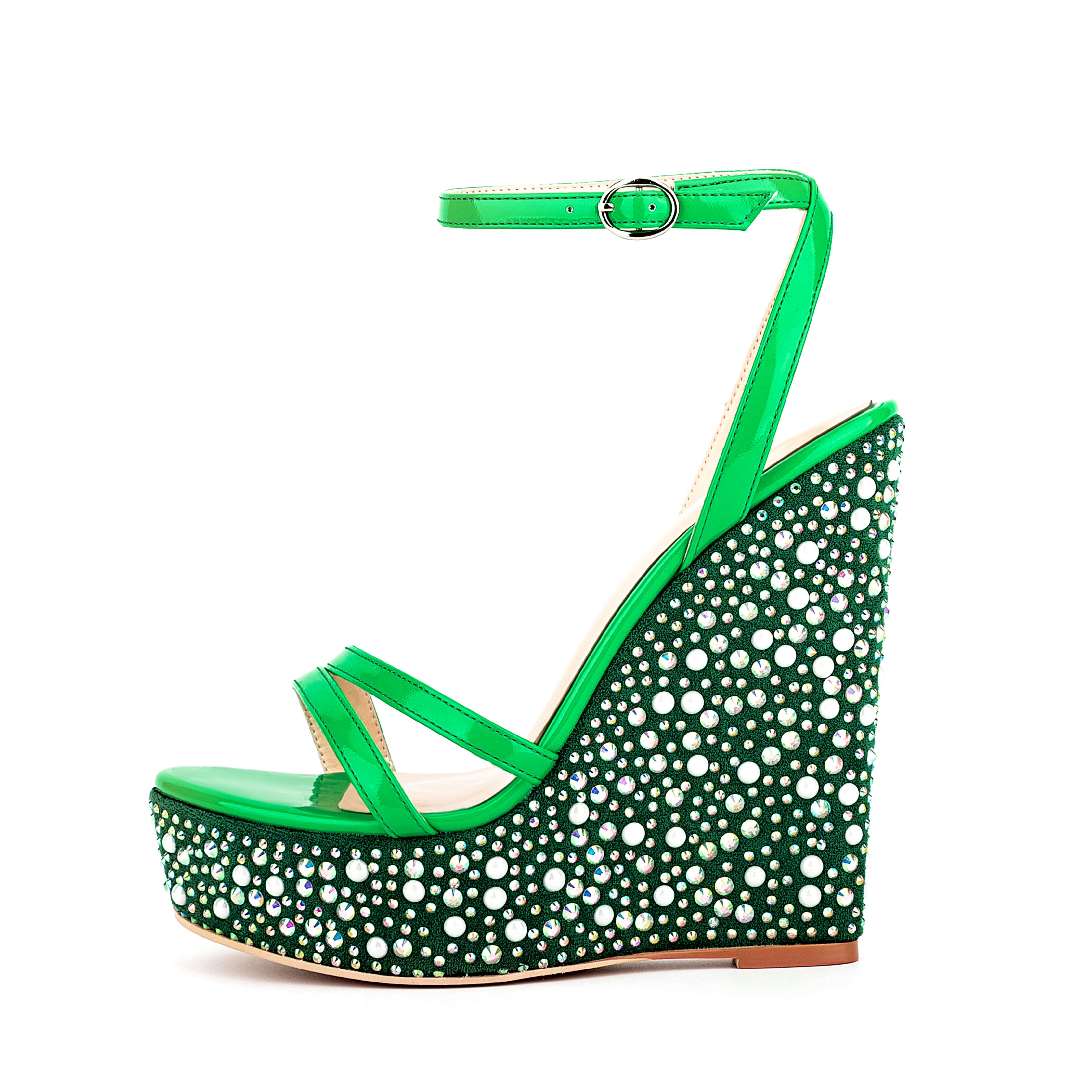 Open Toe Platform Sandals Ankle Strap Rhinestone Wedge Heels 7