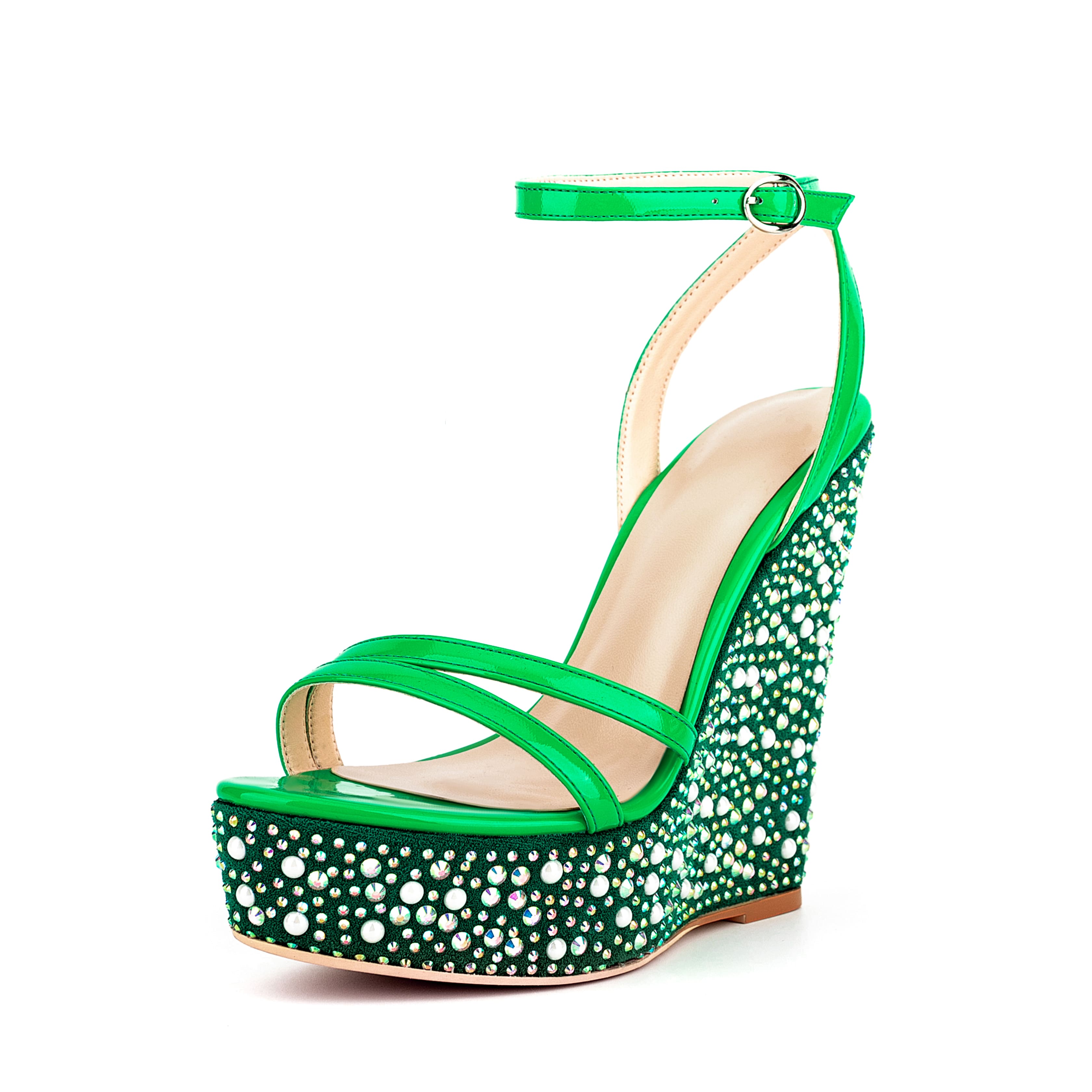 Open Toe Platform Sandals Ankle Strap Rhinestone Wedge Heels 8