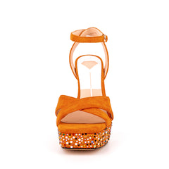 Orange Ankle Strap Rhinestone Platform Flar Heel Sandals 3