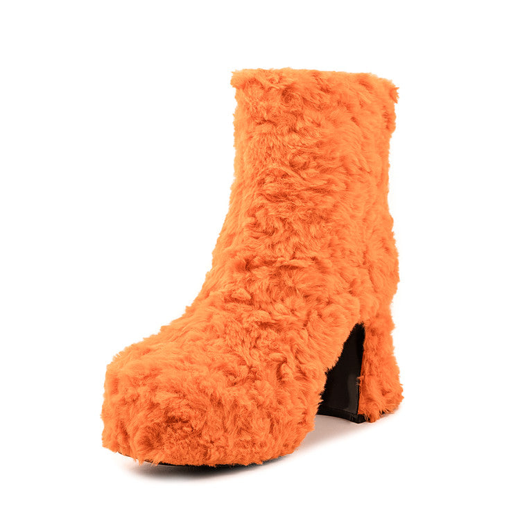 Orange Faux Fur Round Toe Flared Heel Platform Ankle Boots