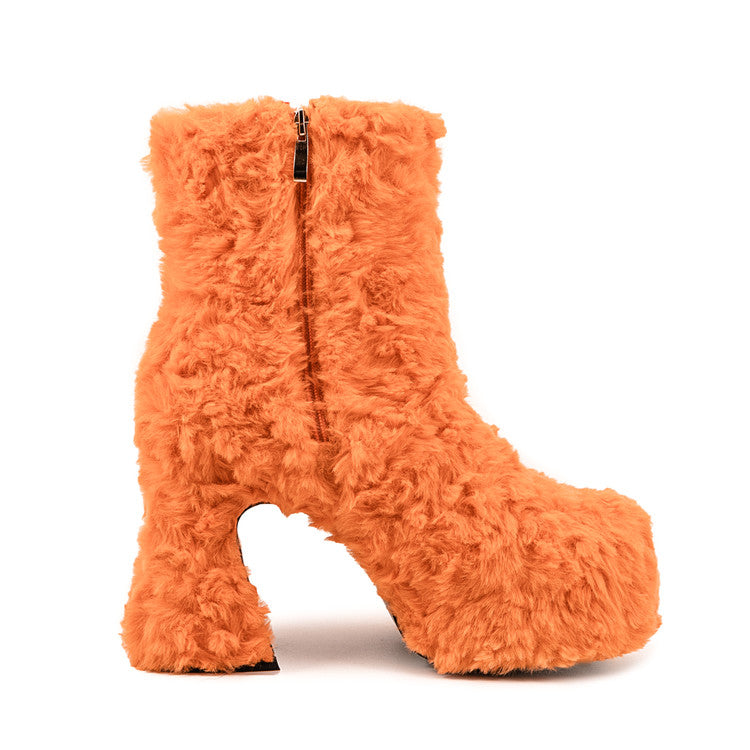Orange Faux Fur Round Toe Flared Heel Platform Ankle Boots