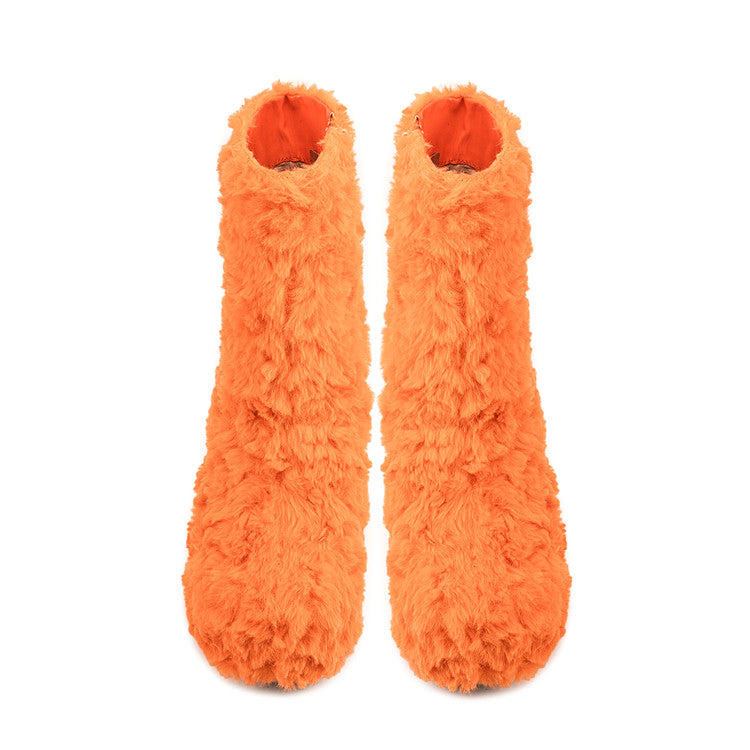 Orange Faux Fur Round Toe Flared Heel Platform Ankle Boots