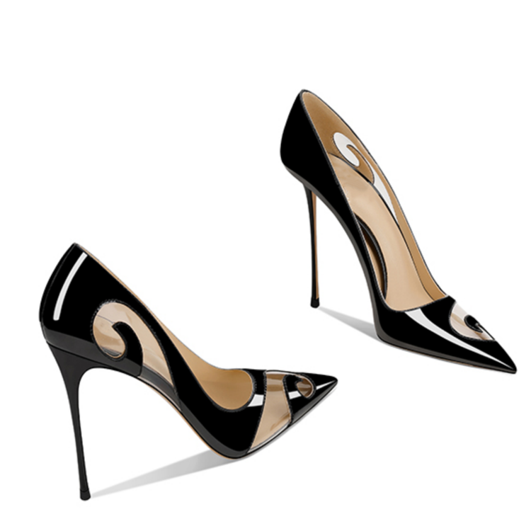Patent Leather Carved Openwork Pointed Toe Black Pumps for Women