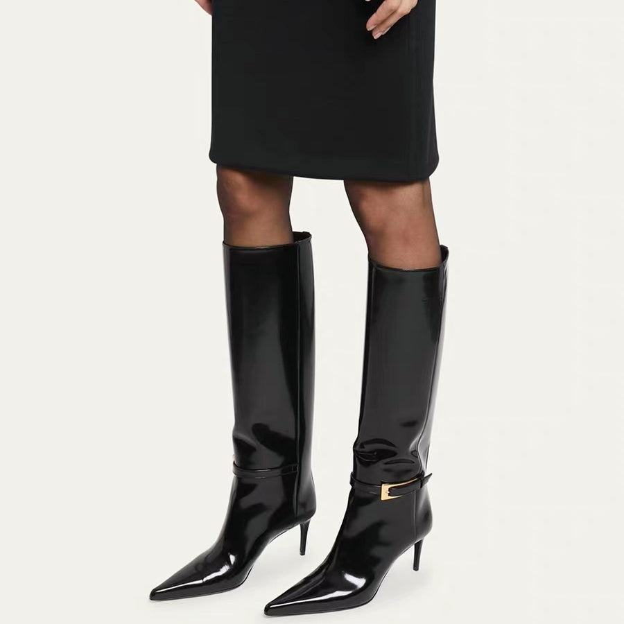 Patent Leather Pointed Toe Stiletto Heel Fashion Knee High Boots