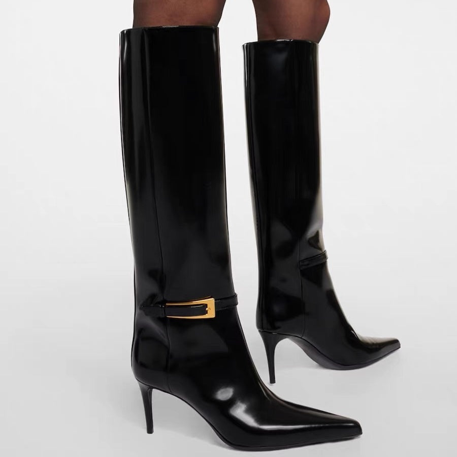 Patent Leather Pointed Toe Stiletto Heel Fashion Knee High Boots