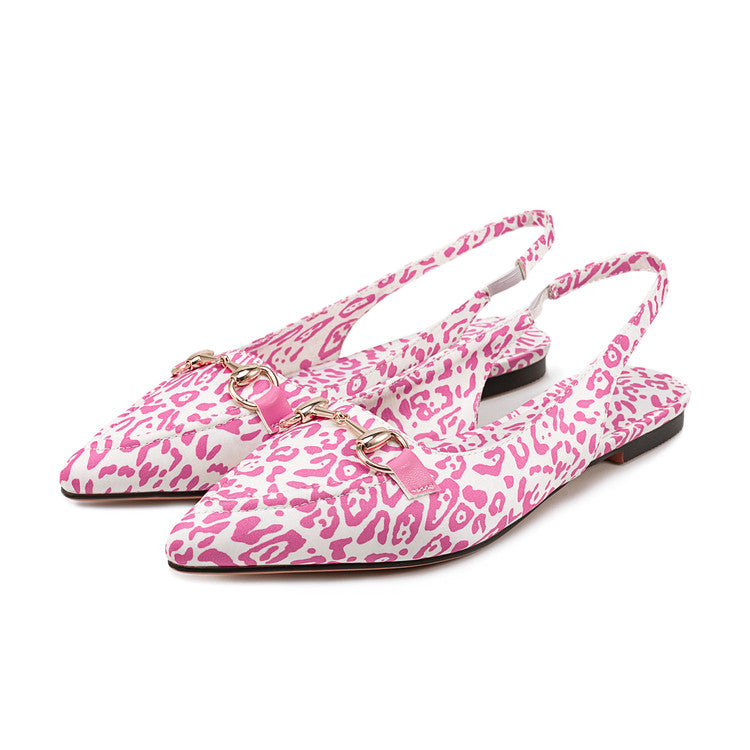 Pink Leopard Slingbacks Pointed Toe Flat Sandals for Women