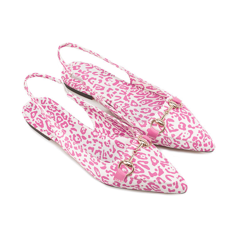 Pink Leopard Slingbacks Pointed Toe Flat Sandals for Women