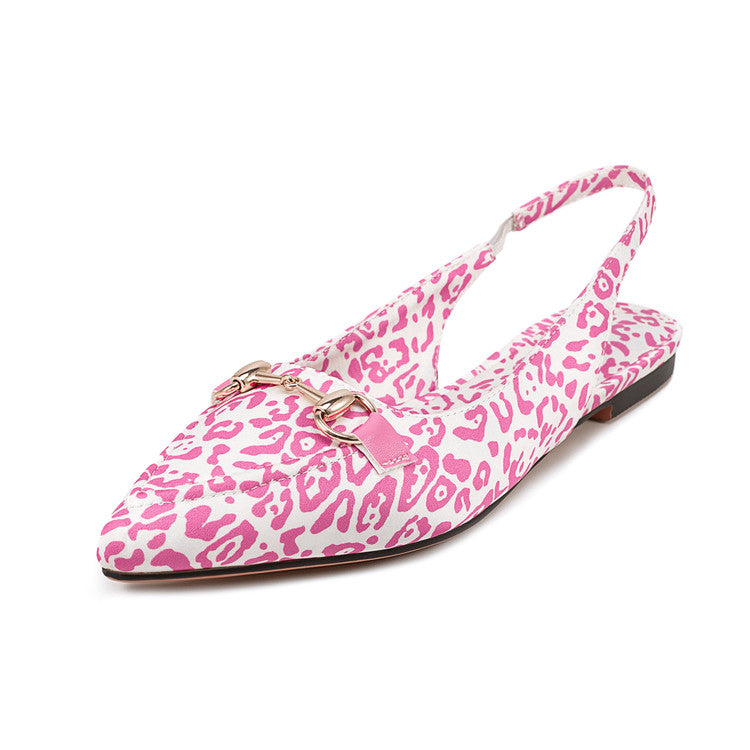Pink Leopard Slingbacks Pointed Toe Flat Sandals for Women