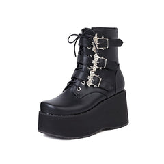 Platform Wedge Heel Lace Up Ankle Black Buckle Boots