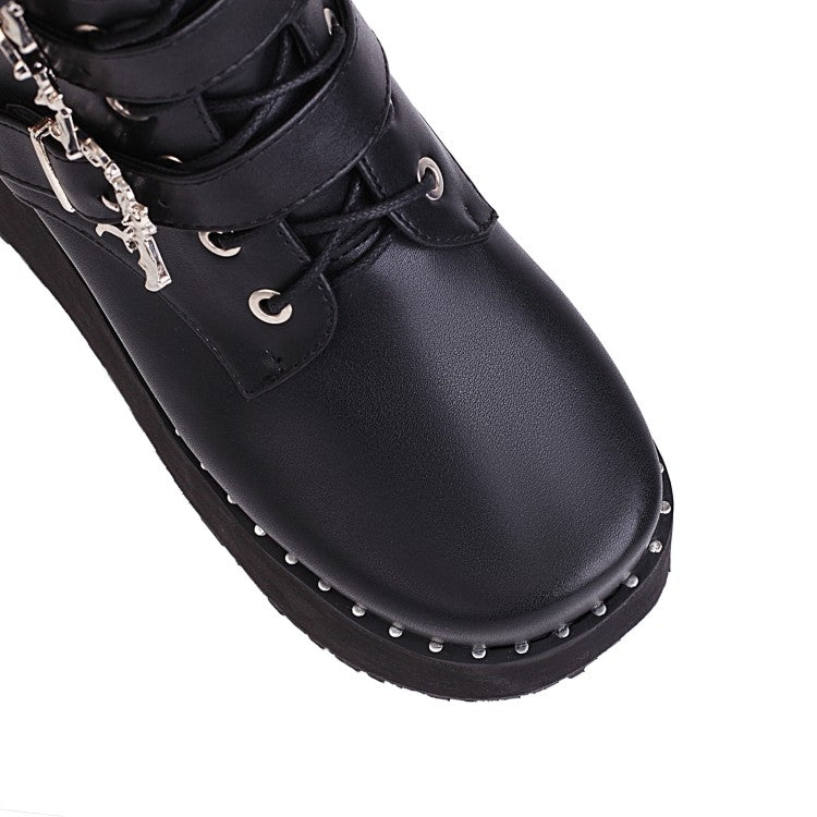 Platform Wedge Heel Lace Up Ankle Black Buckle Boots