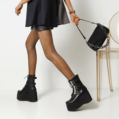 Platform Wedge Heel Lace Up Ankle Black Buckle Boots