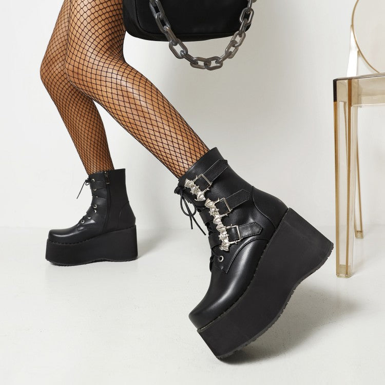 Platform Wedge Heel Lace Up Ankle Black Buckle Boots