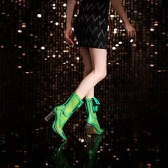 Pocket Decor Chunky Heel Transparent Green Pointed Toe Boots