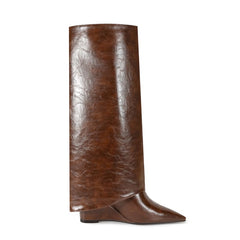 Pointed Toe Wedge Heel Fold-Over Buckle Decor Knee High Boots