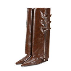 Pointed Toe Wedge Heel Fold-Over Buckle Decor Knee High Boots