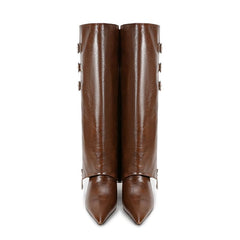 Pointed Toe Wedge Heel Fold-Over Buckle Decor Knee High Boots