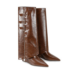 Pointed Toe Wedge Heel Fold-Over Buckle Decor Knee High Boots