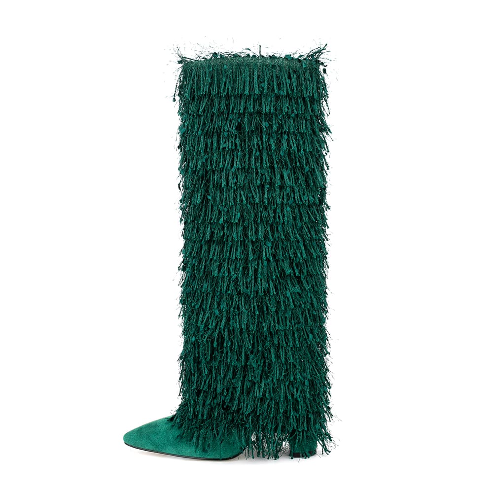 Pointy Toe 4'' Chunky Heel Knee High Boots with Full Fringe