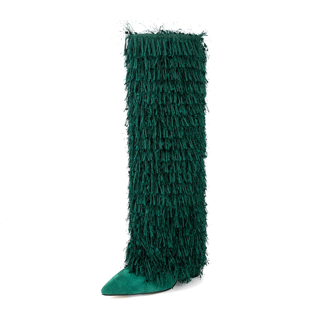 Pointy Toe 4'' Chunky Heel Knee High Boots with Full Fringe