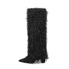 Pointy Toe 4'' Chunky Heel Knee High Boots with Full Fringe