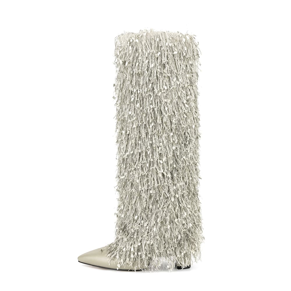 Pointy Toe 4'' Chunky Heel Knee High Boots with Full Fringe