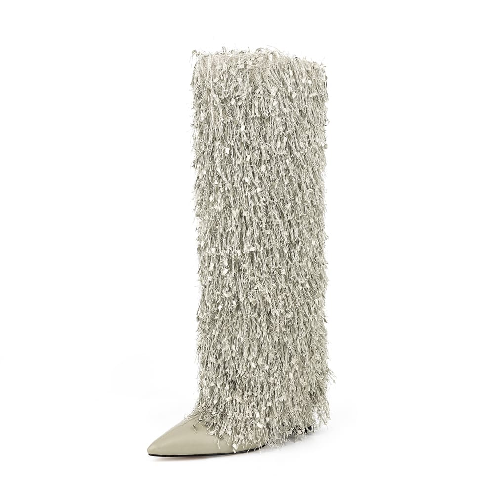 Pointy Toe 4'' Chunky Heel Knee High Boots with Full Fringe