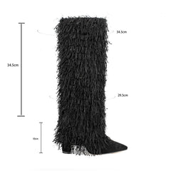 Pointy Toe 4'' Chunky Heel Knee High Boots with Full Fringe