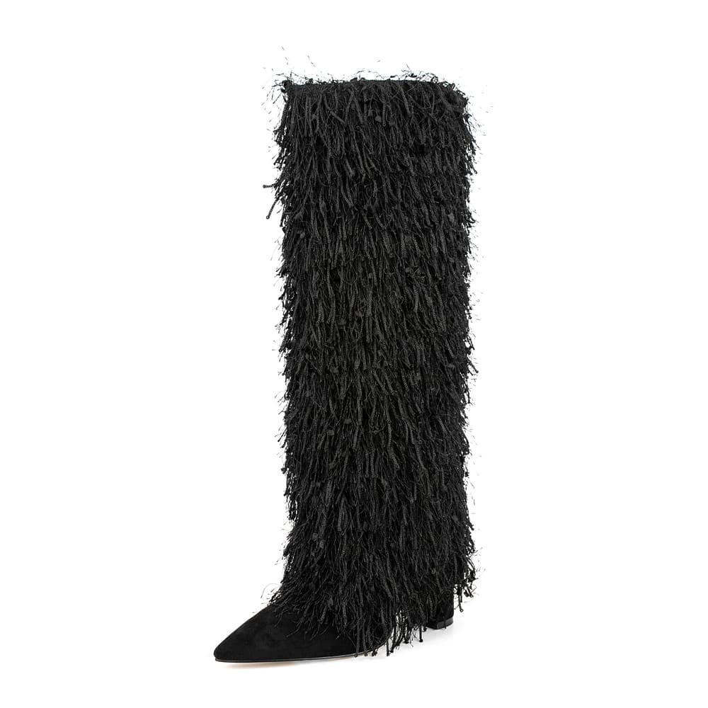 Pointy Toe 4'' Chunky Heel Knee High Boots with Full Fringe