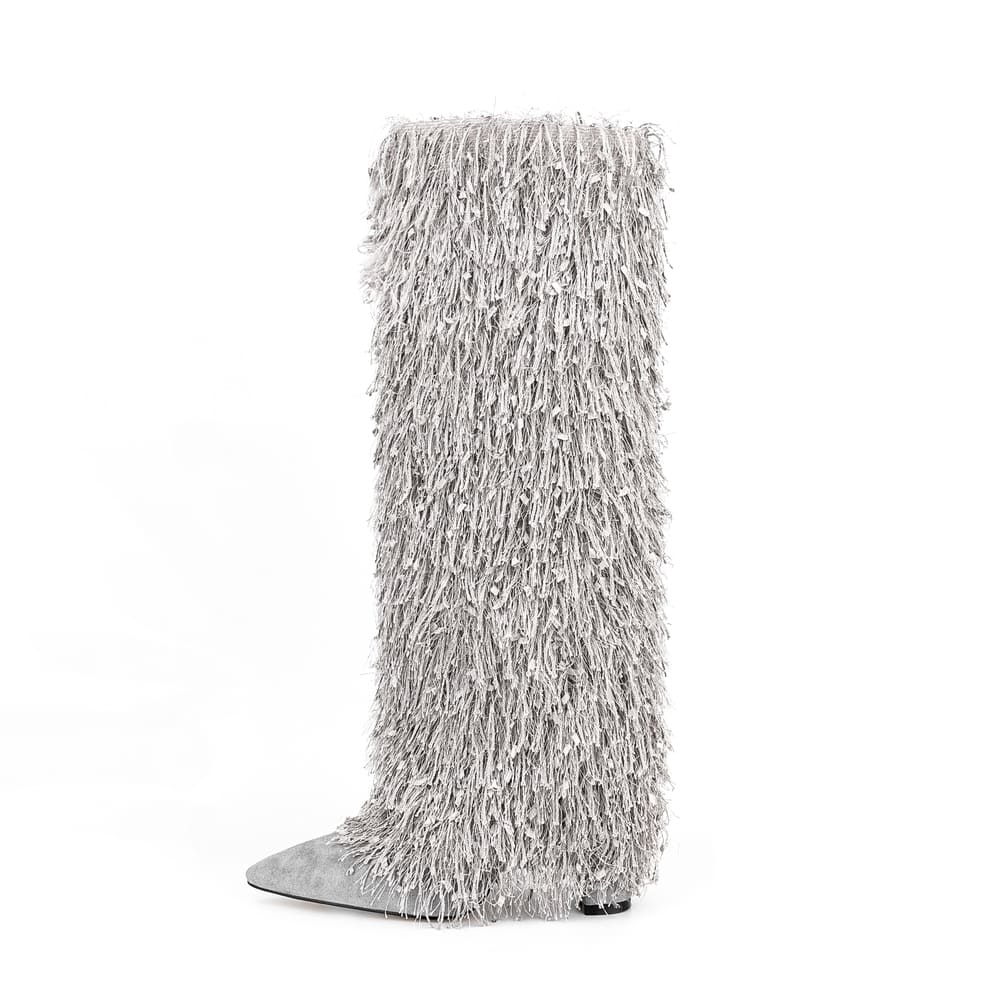 Pointy Toe 4'' Chunky Heel Knee High Boots with Full Fringe