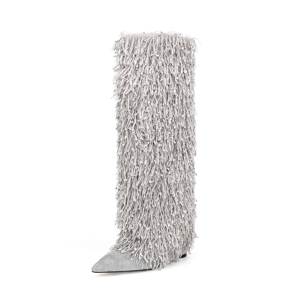 Pointy Toe 4'' Chunky Heel Knee High Boots with Full Fringe