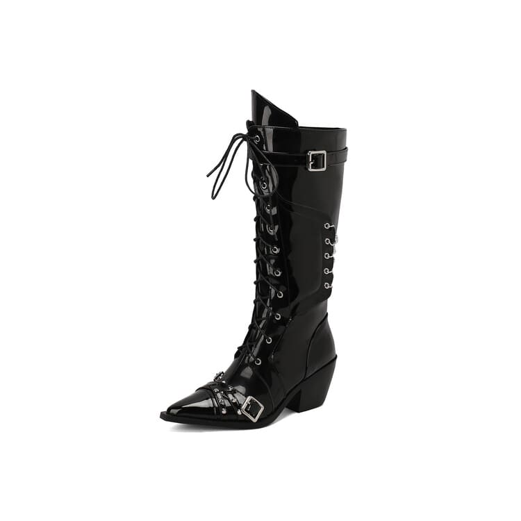 Bottes hautes western à lacets et à talons blocs et bout pointu avec boucles