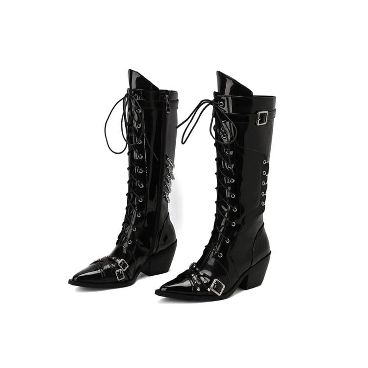 Bottes hautes western à lacets et à talons blocs et bout pointu avec boucles