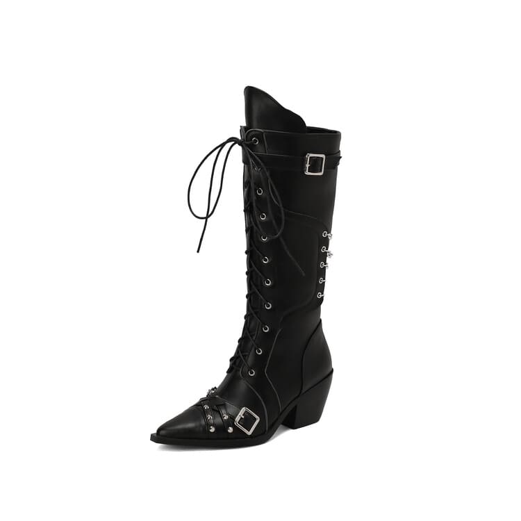 Bottes hautes western à lacets et à talons blocs et bout pointu avec boucles