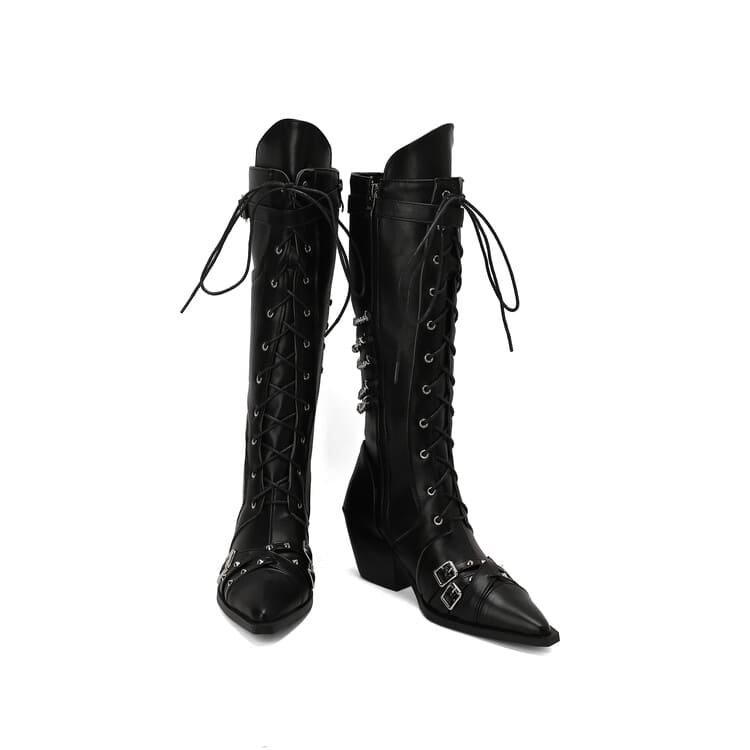Bottes hautes western à lacets et à talons blocs et bout pointu avec boucles