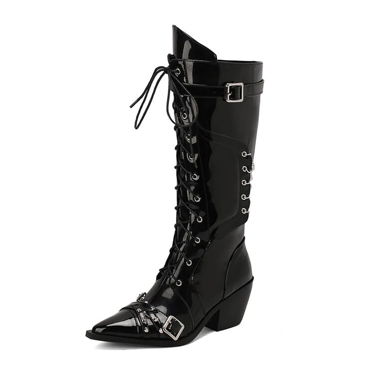 Bottes hautes western à lacets et à talons blocs et bout pointu avec boucles