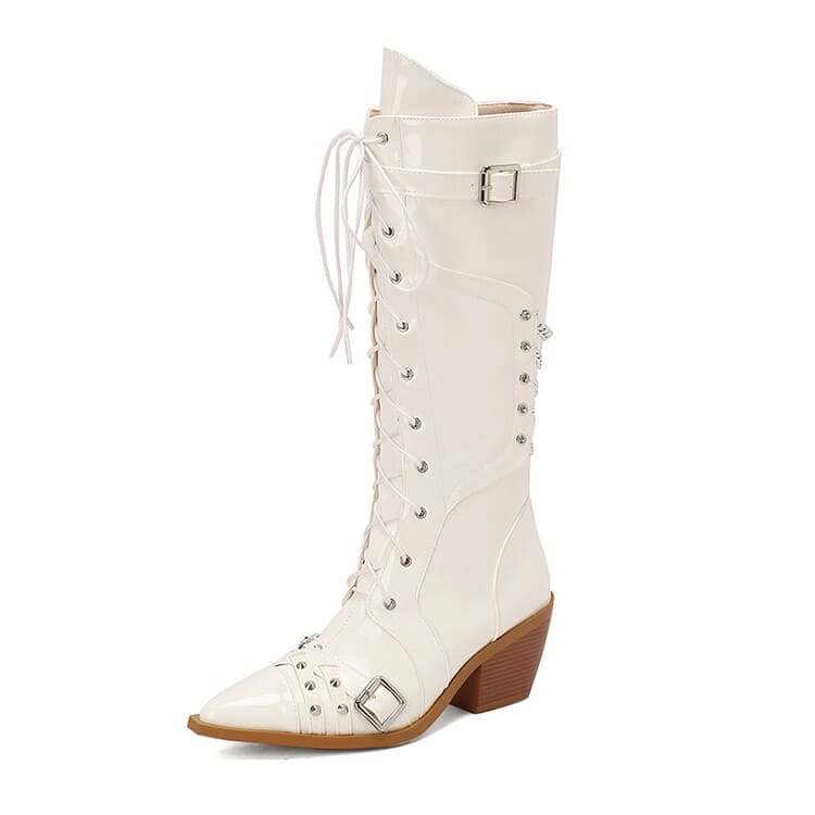 Bottes hautes western à lacets et à talons blocs et bout pointu avec boucles