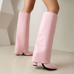 Pointy Toe Chunky Heel Fold-Over Knee High Boots
